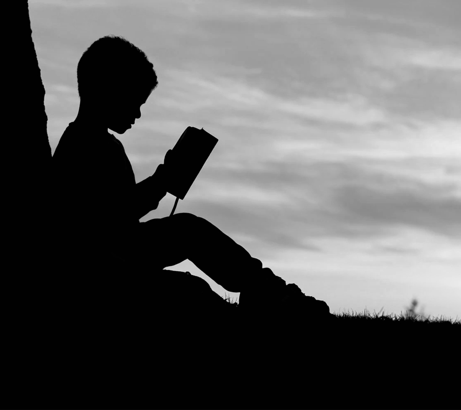 Une silhouette d'un petit garçon assis au pied d'un arbre tient un livre qu'elle semble regarder attentivement sur fond de ciel doux. L'image est en noir et blanc.